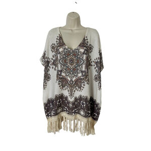 Vocal Boho Fringed Poncho Sweater XL Women Beaded Relaxed Hippie Festival